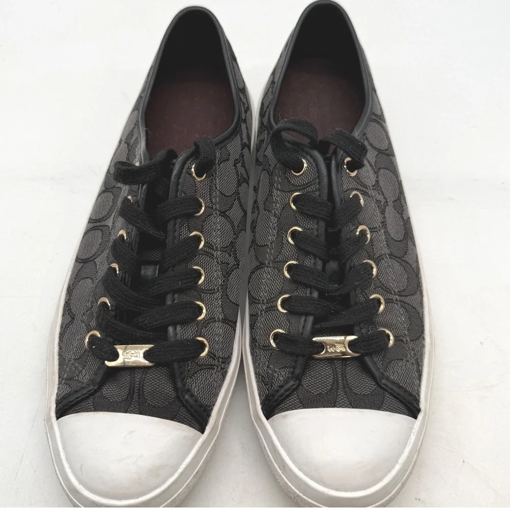 Coach 9 Empire Low Top Sneakers Black Signature C Monogram Canvas Gold Hardware